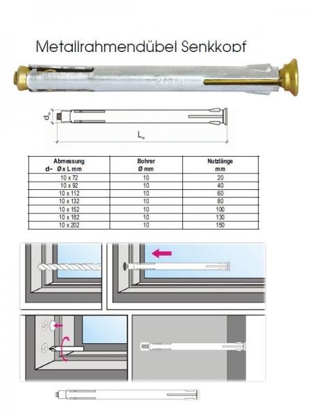 10x132 Fensterrahmendübel Senkkopf mit Pozidrive2 Aufnahme, 50 Stück