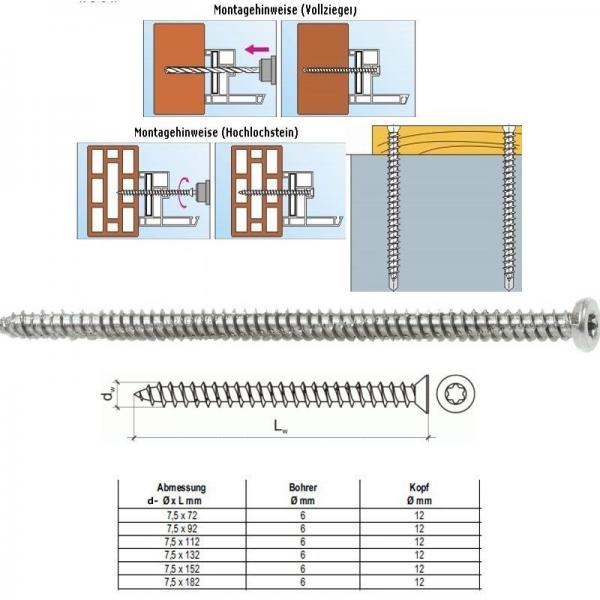 7,5x92 Fensterrahmenschrauben Senkkopf mit T30 Aufnahme, 100 Stück