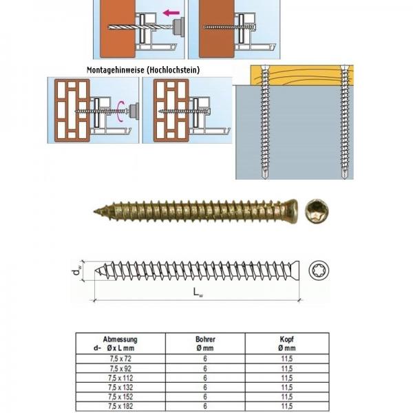 7,5x112 Fensterrahmenschrauben Rundkopf mit T30 Aufnahme, 100 Stück