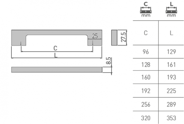 Möbelgriff UZ-819 verschiedene Farben und verschiedene Größen