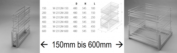 Schrankauszug mit Frontauszugsystem - 3 Körbe - Schrankbreite 150mm - 600mm